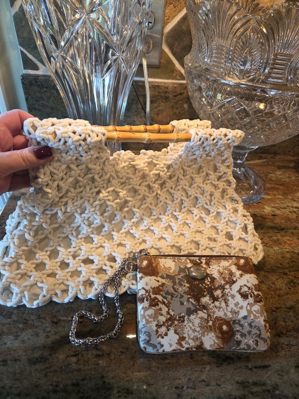 Cream Macramé Clutch with Bamboo Handle And A Coach Wristlet